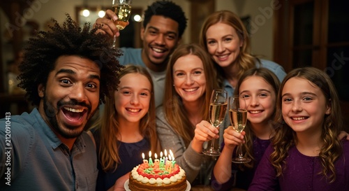 Obraz na płótnie 温かい照明が包み込む部屋で家族や友人が集まり笑顔で誕生日を盛大に祝うパーティーの瞬間キラキラ輝くシャンパンとケーキのキャンドルが幸せを演出する. AI Generated