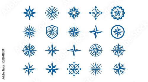 Compass rose collection presents various navigation star designs and directional symbols in a blue monochromatic style.