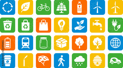 Sustainability icons grid displays environmental concepts like recycling, solar energy, and green transportation in a colorful layout.