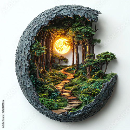 Enchanted Forest Pathway with Glowing Moon in Hollow Tree Bark