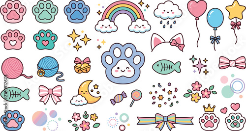 Quadro su tela Cute whimsical kawaii cat paw prints and pastel elements vector sticker set featuring rainbow balloons clouds flowers and yarn balls