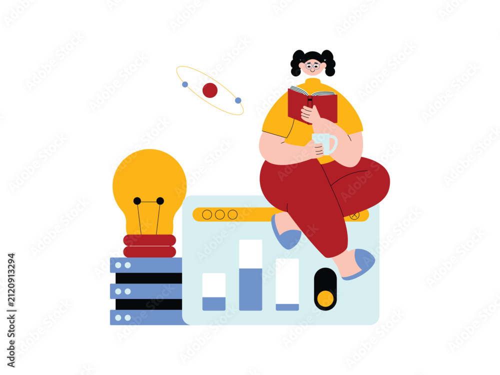 Fototapeta premium Woman reading a book while sitting on a browser window next to a large lightbulb and bar graph.