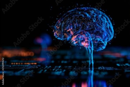 Digital Brain Hologram Hud. Artificial intelligence AI machine deep learning. Business Technology Internet Network Concept. 3D Illustration
