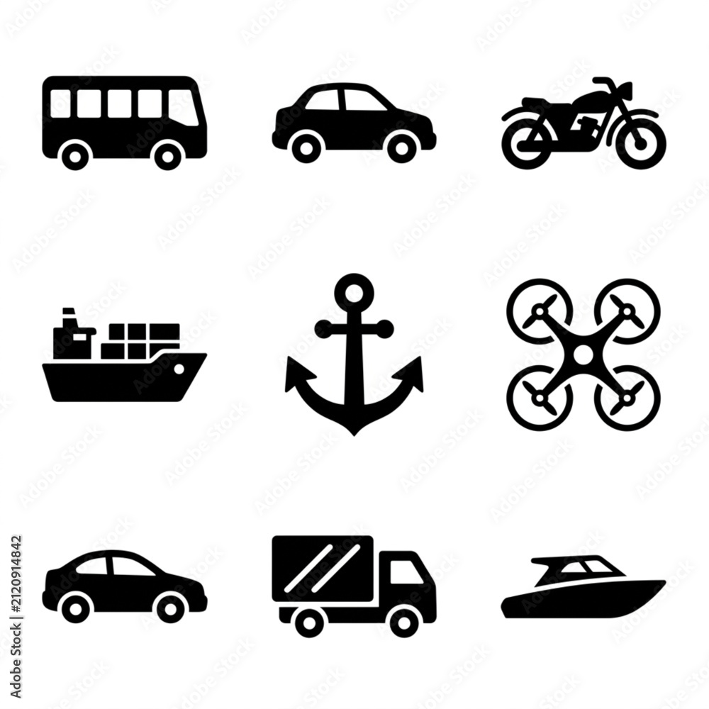 Fototapeta premium Transportation and Vehicle Icon Set with Car, Truck, Drone and Boat