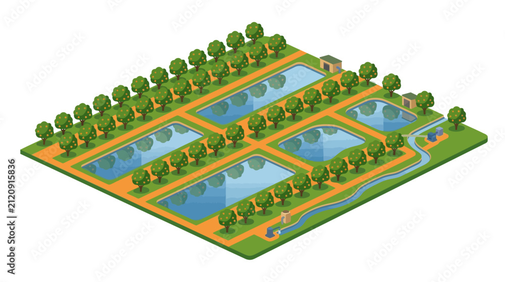 Naklejka premium Isometric Illustration of Orchard Farm with Irrigation Ponds