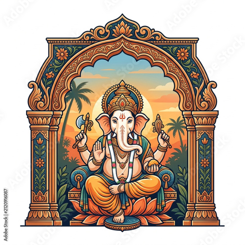 Colorful Illustration of Hindu Deity Ganesha Seated.