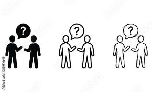 Set of three icons showing two people talking with a question mark speech bubble