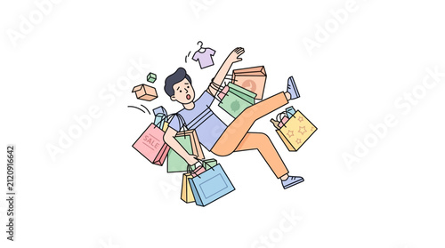 Bild auf Leinwand Man falling with many shopping bags and clothes