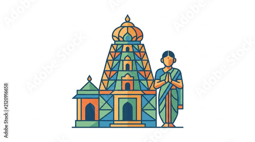 Colorful illustration of Hindu temple and devotee in traditional attire.