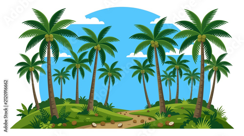Tropical Palm Tree Forest Landscape Cartoon Illustration
