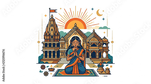 Colorful illustration of Hindu temple and deity worship.