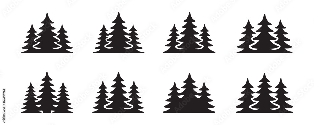Obraz premium Symmetrical group of three pine tree silhouettes for forest landscape icons and wilderness decoration.