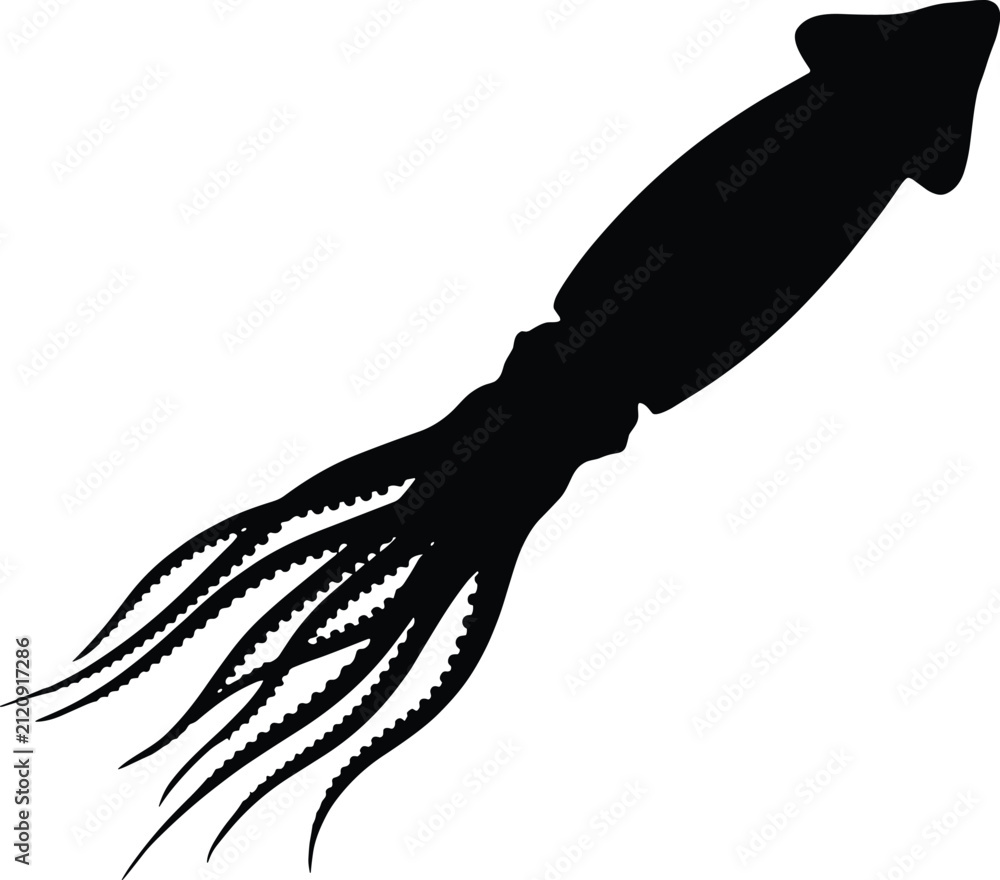 Obraz premium Black Squid Silhouette Illustration, Marine Animal Icon, Ocean Creature Design, Seafood Symbol, Underwater Wildlife, Minimal Vector Artwork