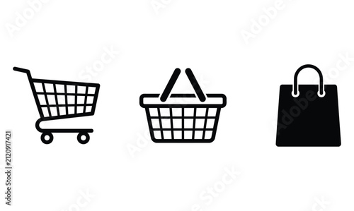 Set of hand drawn shopping icons including a cart a basket and a paper bag