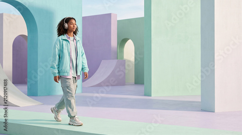 Mujer joven con cascos en tonos pastel