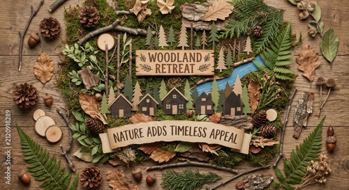 Woodland Retreat Scene With Miniature Cabins Surrounded by Natural Elements
