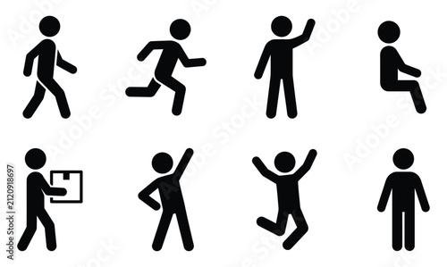 Set of black stick figure icons showing various human activities and poses on white background