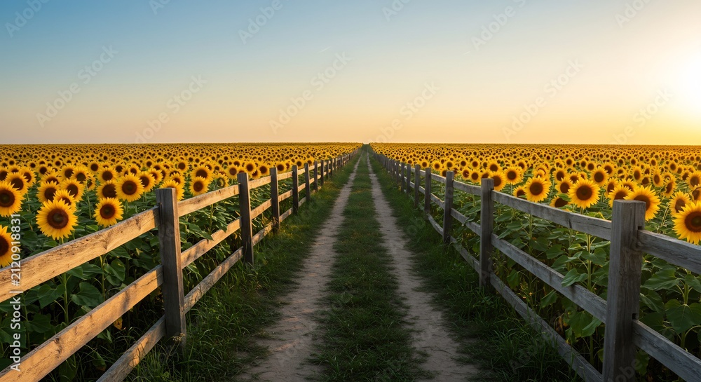 Fototapeta premium 夕焼けに染まる広大なひまわり畑をまっすぐ進む木柵の小道 黄金色の花が輝く静かな夏の風景. AI Generated