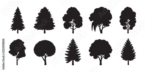 Tree vector silhuette set, collection of trees, plant, natural park, forest or garden, isolated.