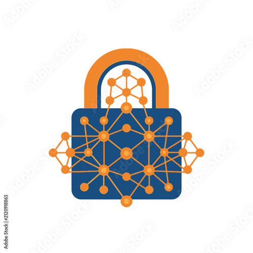 Digital padlock icon with interconnected network nodes.