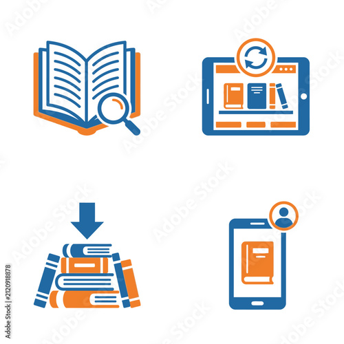 Digital reading and ebook download technology icon set.