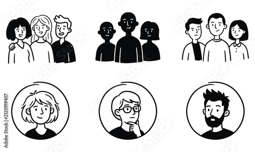 Set of hand drawn doodle style people portraits and group illustrations for social media design