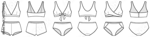 Underwear set technical fashion illustration including tie front top and wrap bra. Flat women lingerie CAD mockup front back view.