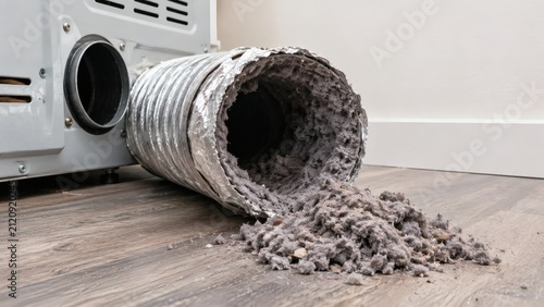 Clogged dryer vent with lint spilling out onto wooden floor near appliance