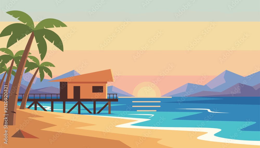 Naklejka premium Tranquil beach bungalow on stilts stands in the calm blue ocean water with a tropical mountain sunset behind.