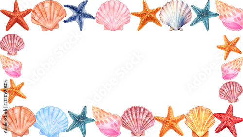Watercolor seashell and starfish border with copy space on transparent background