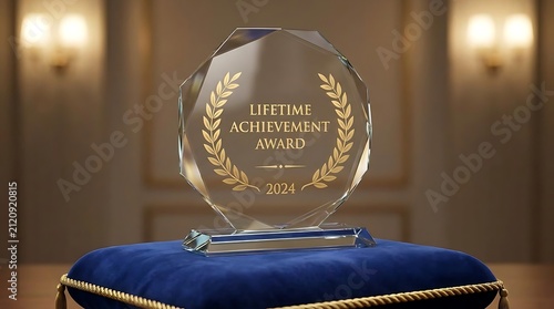 Crystal lifetime achievement award trophy on blue velvet cushion.