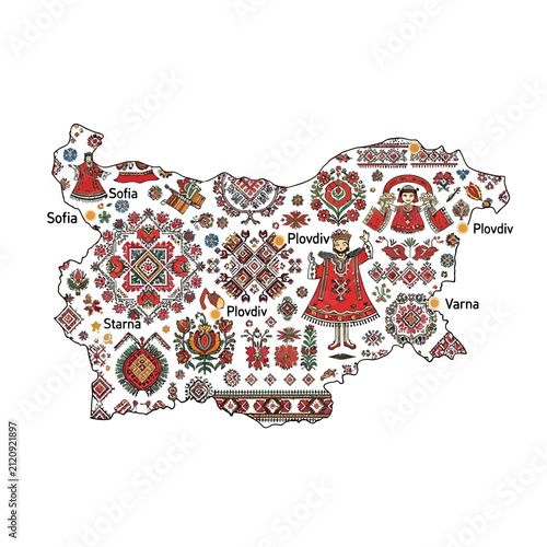 Bulgaria Map Folk Art Design