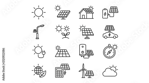 Solar energy icons represent sustainable power solutions through photovoltaic technology and renewable resource management.