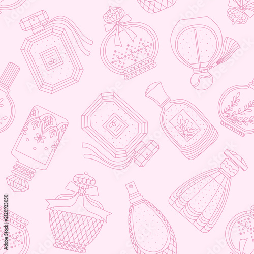 Pink Seamless Pattern with Vintage Perfume Bottles Vector