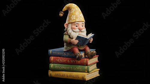 A whimsical garden gnome sitting on a stack of vintage books reading a small storybook against a black background
