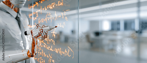 Robot writing mathematical formula on glass board in modern office, futuristic technology concept with humanoid machine hand holding marker, innovative artificial intelligence development