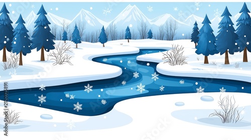 Flat Design Winter Landscape Illustration with Snowy River, Pine Trees, and Mountains