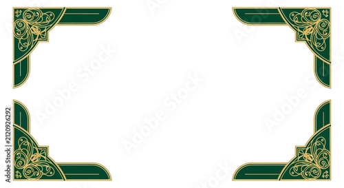 Elegant Green and Gold Ornate Corner Borders, Decorative Vintage Flourish Design