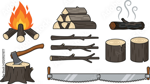 фотографія Firewood and Lumberjack Tools Vector Set Featuring Campfire Flame, Wood Stack, A