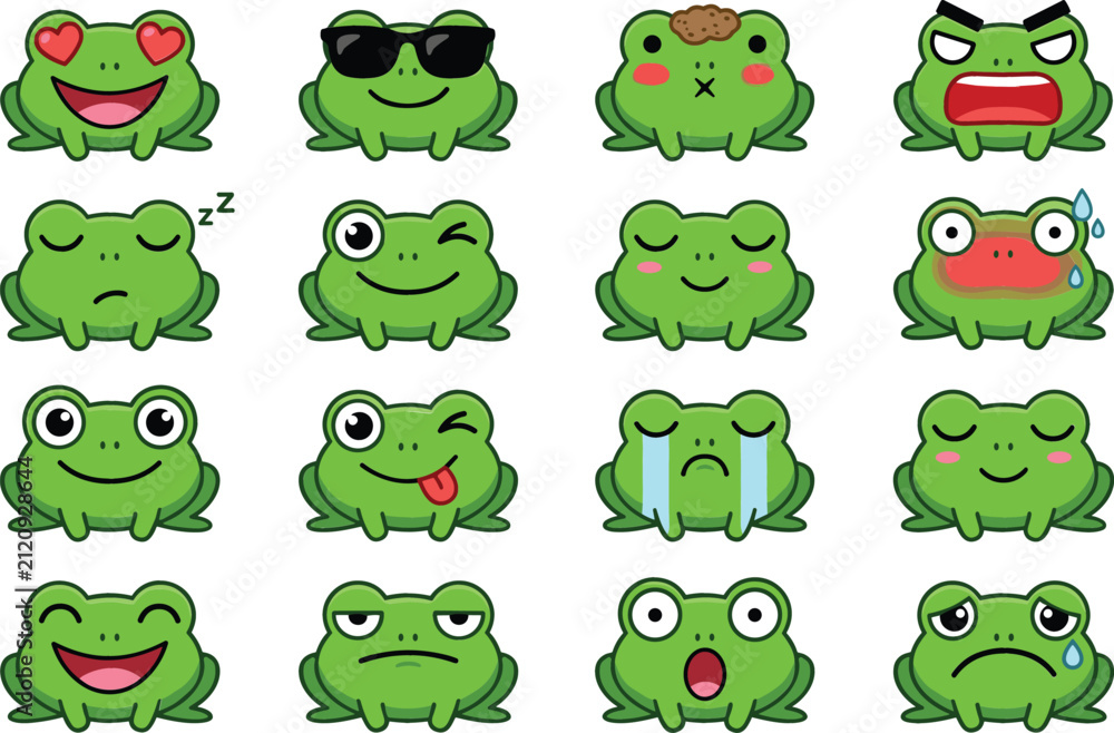 Obraz premium Cute Green Frog Emoji Sticker Set with Various Facial Expressions and Character Emotions for Chat Applications and Digital Designs