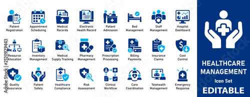 Healthcare management vector icon set for hospital administration, medical insurance, patient care, clinic operations, and telemedicine.
