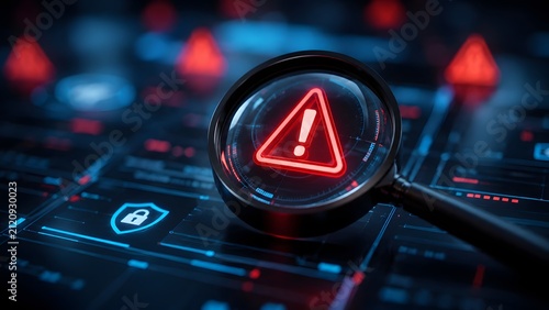 Magnifying glass hovering over glowing red warning triangle on futuristic digital dashboard interface. Concept of forensic cyber investigation, security threat analysis, and digital risk assessment.