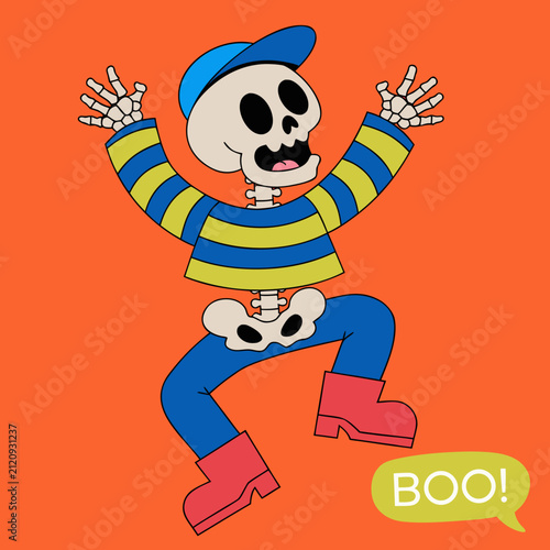 Happy Dancing Skeleton Character Cute Halloween Kids Flat Vector Clipart