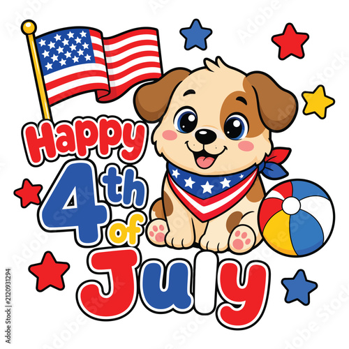Cute Patriotic Puppy Happy 4th of July Flat Vector Illustration, Colorful American Independence Day Mascot with USA Flag, Stars and Beach Ball