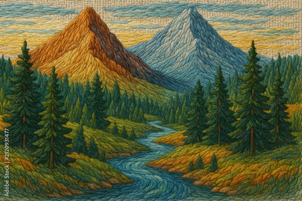 Fototapeta premium Embroidered landscape with towering mountains pine trees and flowing river colorful thread art scene evokes calm and natural beauty