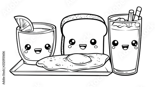 Cute kawaii breakfast food collection with smiling coffee mug toast fried egg and iced drink hand drawn doodle illustration isolated on transparent background