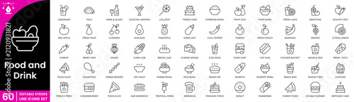 Food and Drink Icons Set Coffee, Tea, Juice, Dessert and Restaurant Beverage Outline Vector