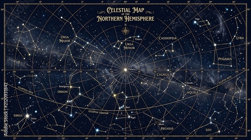 Celestial map of the northern hemisphere stars and constellations chart