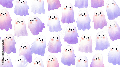 Cute watercolor kawaii ghost seamless pattern with adorable smiling Halloween spirits isolated on transparent background