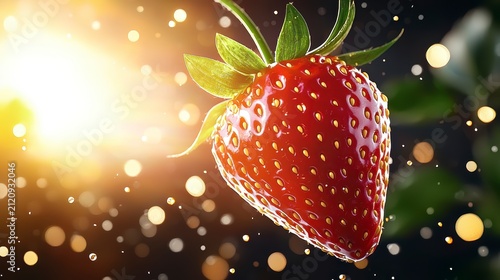 Fresh Ripe Strawberry with Sparkling Golden Bokeh Lights and Sun Flare